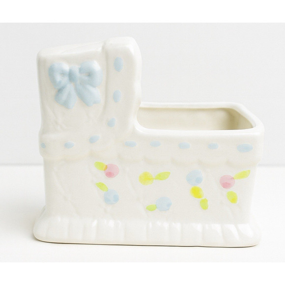 VTG My-Neil Ceramic Baby Cradle Planter Pastel Blue Bow Bassinet Nursery Unisex - Picture 2 of 7